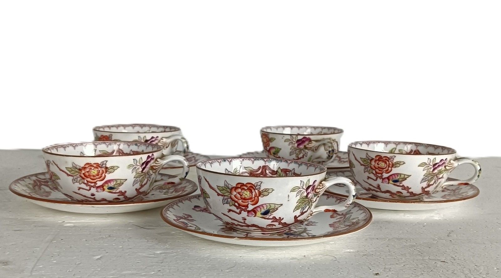 Set Of 5 Cup And Saucers Sarreguemines France Minton Decor 252 Antique  Porcelai