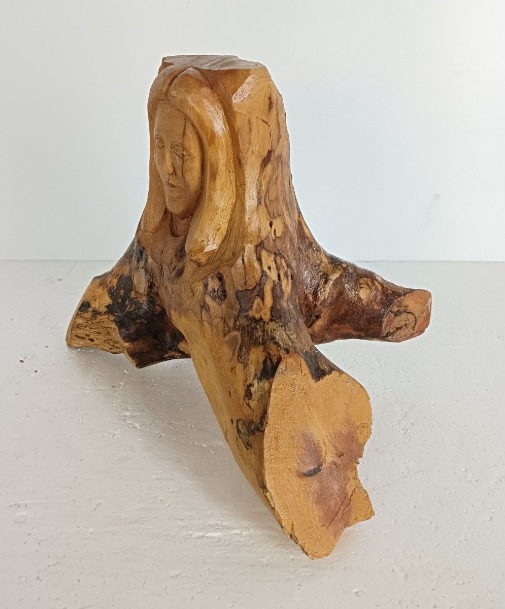 Hand Carved Wooden Tree Stump Folk Art Figurine Female Vintage photo furniture