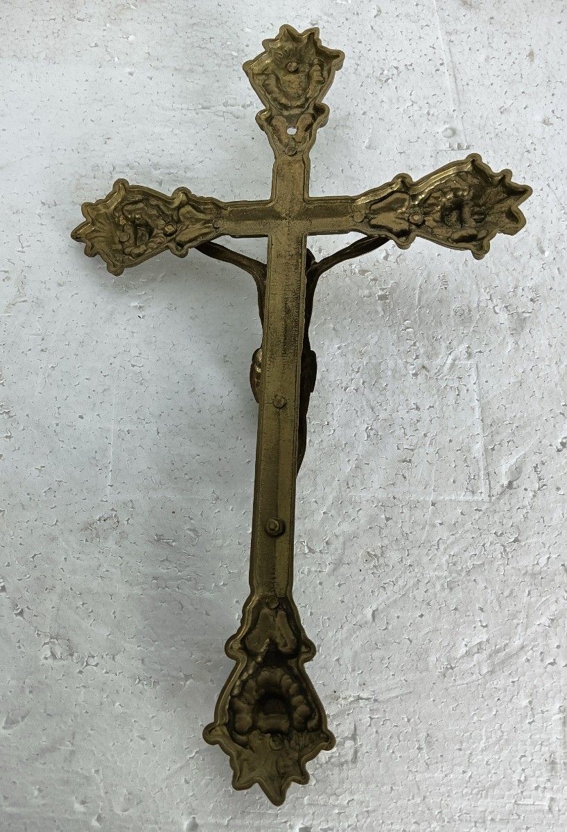 Vintage Ornate Wall Hanging Crucifix Cross Brass photo for sale
