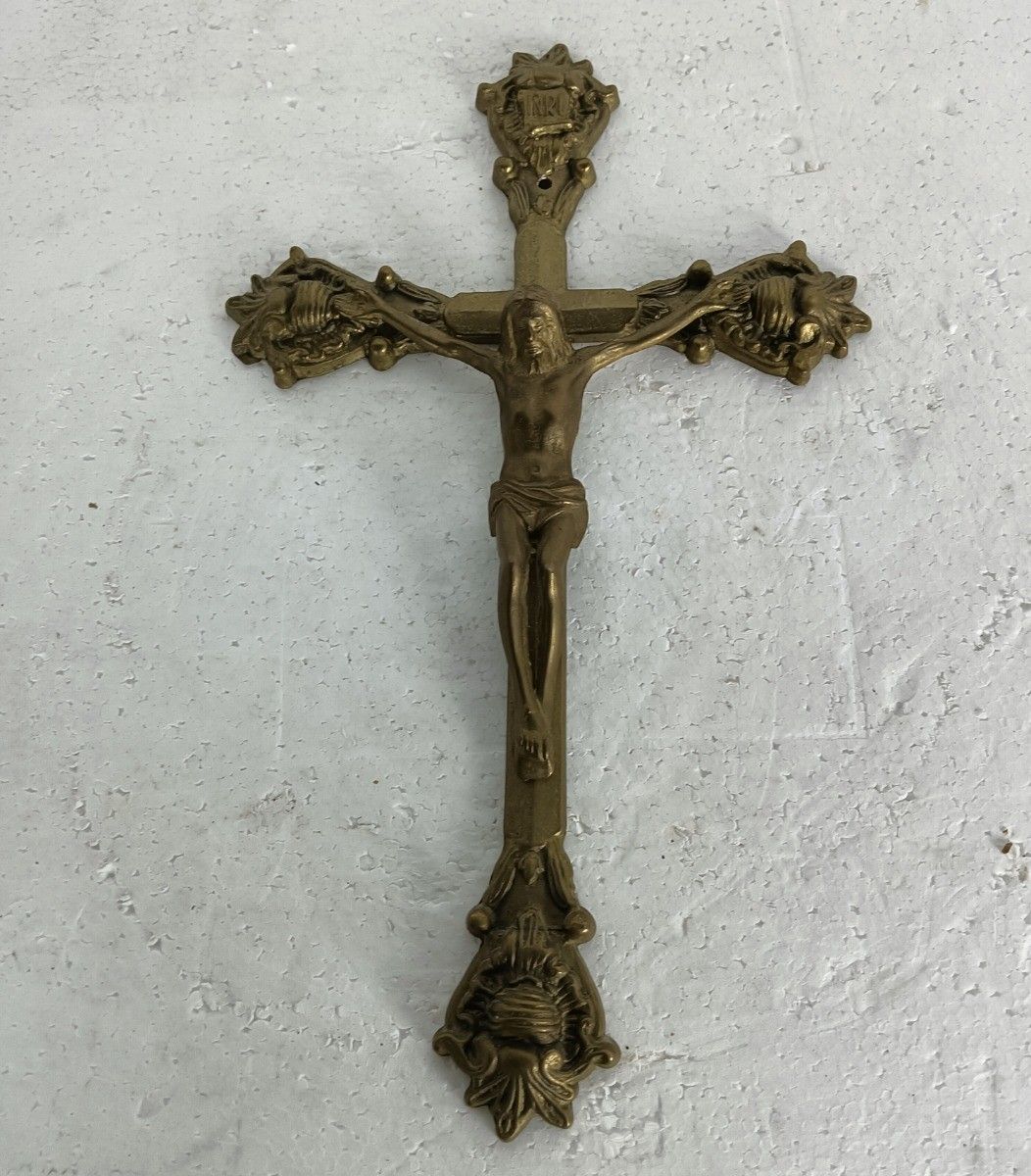 Vintage Ornate Wall Hanging Crucifix Cross Brass photo Art