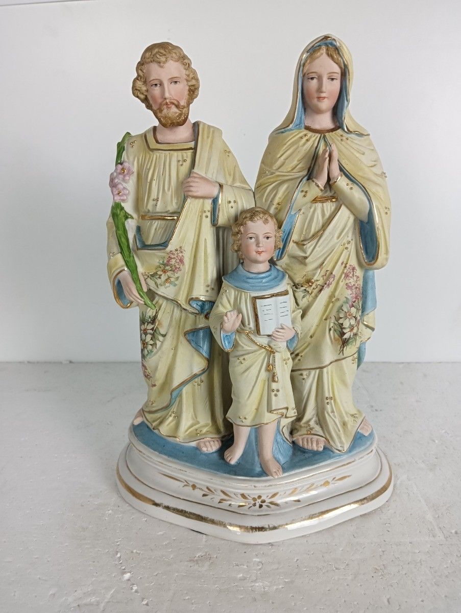 Antique Statue Holy Family Saint Joseph Virgin Mary Child Marked Bisque  Germany photo furniture