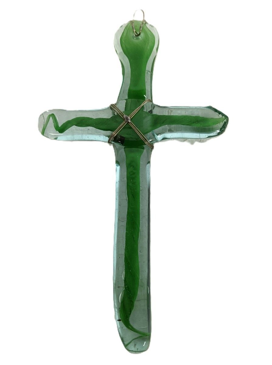 Vintage Art Glass Hanging Crucifix Cross Green Murano Style photo 129.0