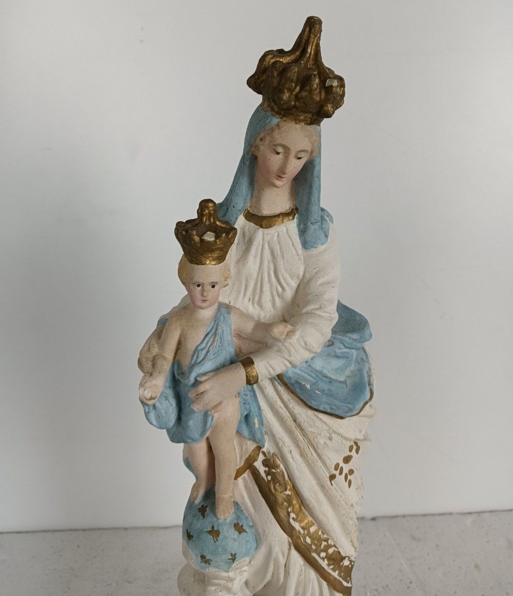 Antique Neo Gothic Statue Plaster Polychrome Our Lady Of Victory With Infant Jes photo furniture