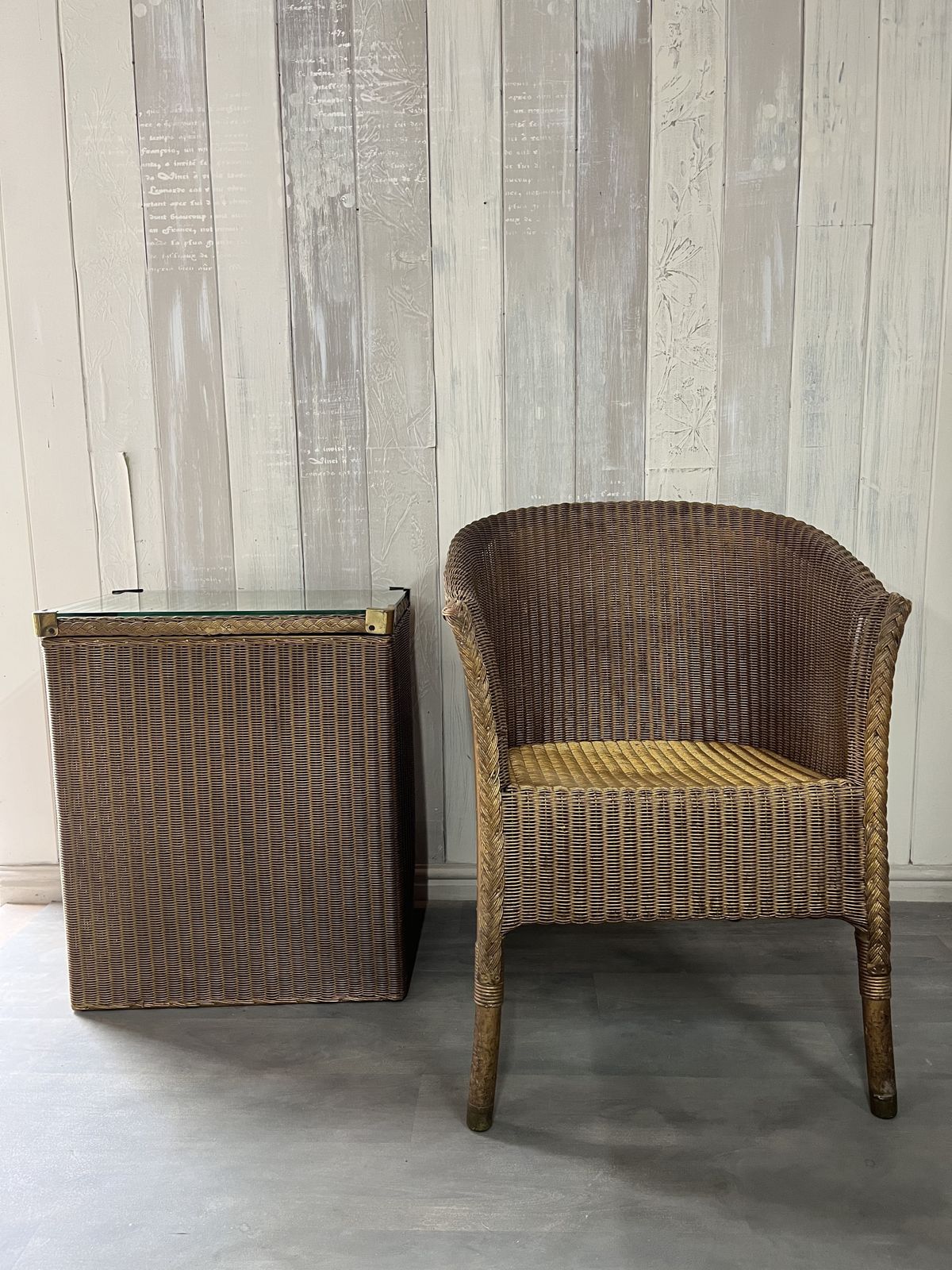 Gold Lloyd Loom Lusty Chair And Laundry Basket With Original Glass photo vinterior