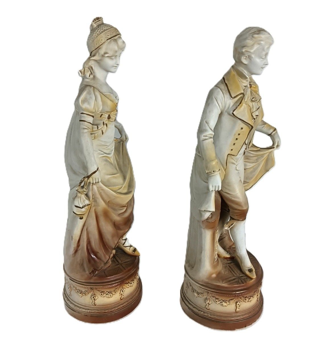 Two Statue Figurines Man Lady  Porcelain Hand Painted Porcelain Art Deco photo for sale