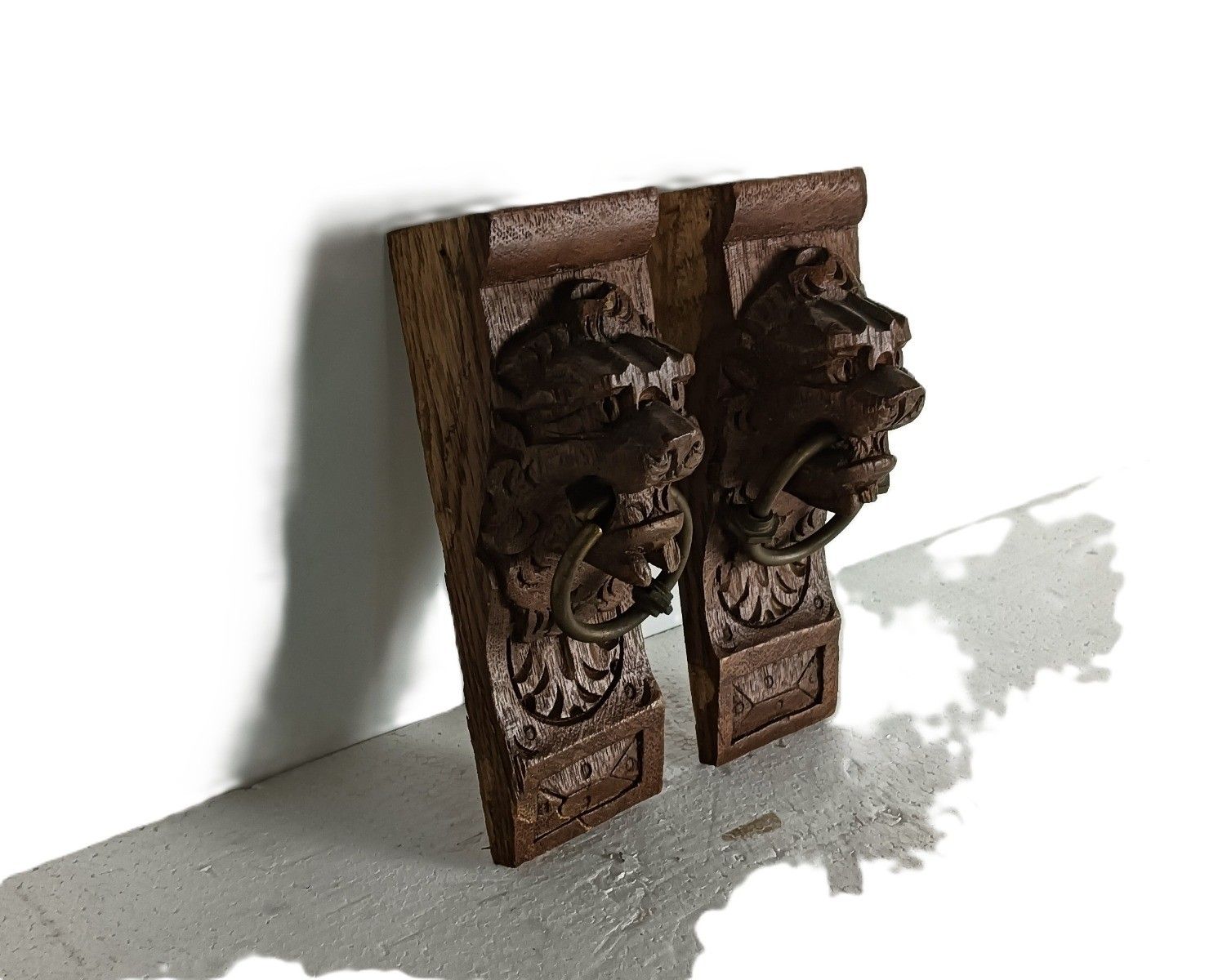 Antique Pair Corbels Hand Carved Wood Architectural Reclaimed Lion Heads Trims R photo furniture