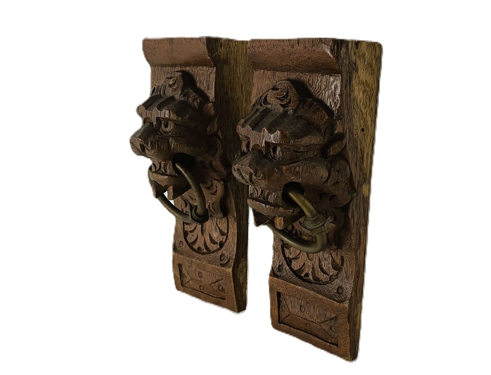 Antique Pair Corbels Hand Carved Wood Architectural Reclaimed Lion Heads Trims R photo 153.0