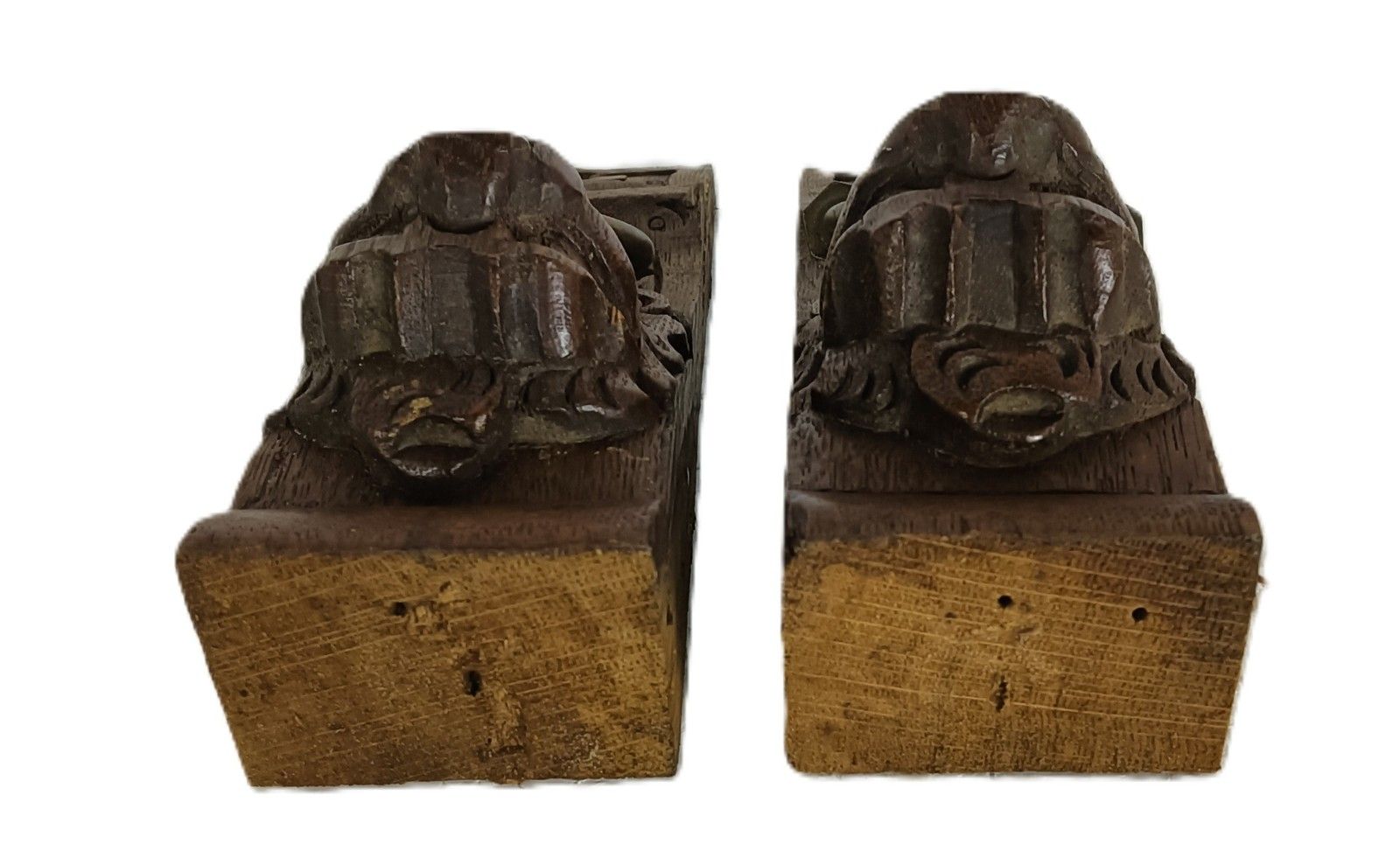 Antique Pair Corbels Hand Carved Wood Architectural Reclaimed Lion Heads Trims R photo buy