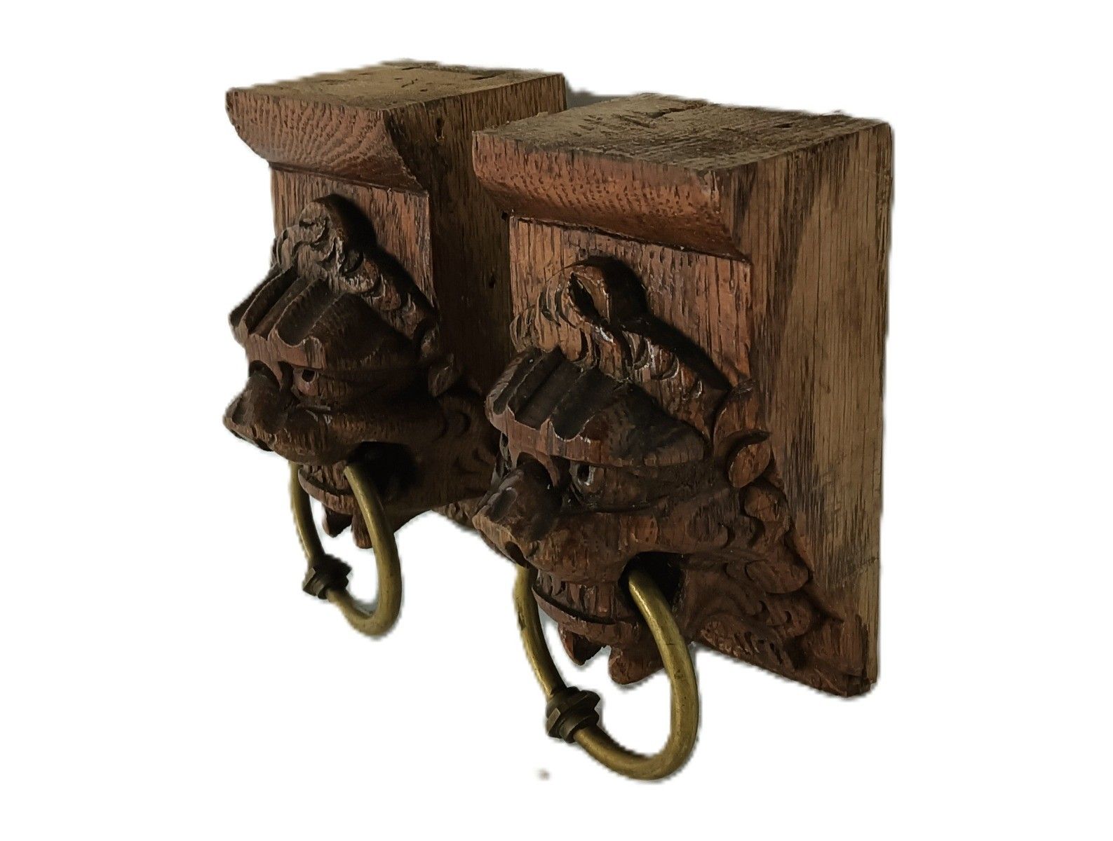 Antique Pair Corbels Hand Carved Wood Architectural Reclaimed Lion Heads Trims W photo for sale