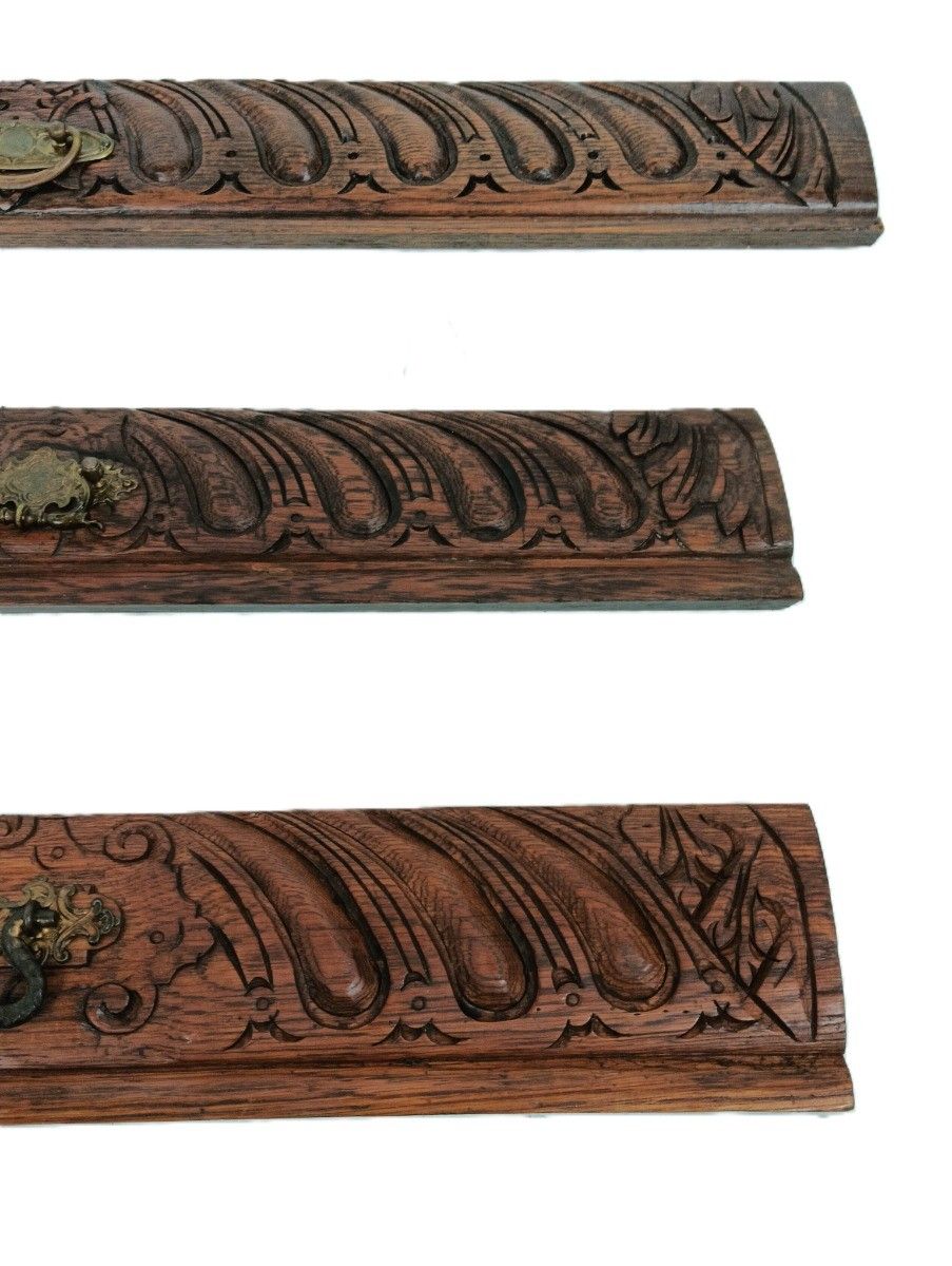 Set Of 3  Hand Carved Wood Pediments Architectural Reclaimed Antique Panels Draw photo 225.0