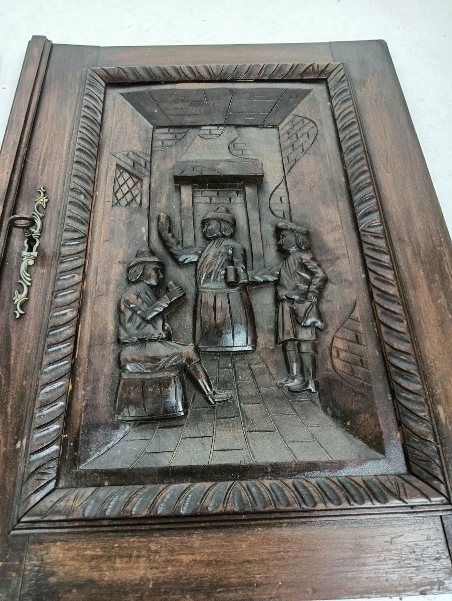 Set Of 2 Dark Wooden Door Panels Doors Carved Wood Ornate Antique Bar Scenes photo Home Fixtures