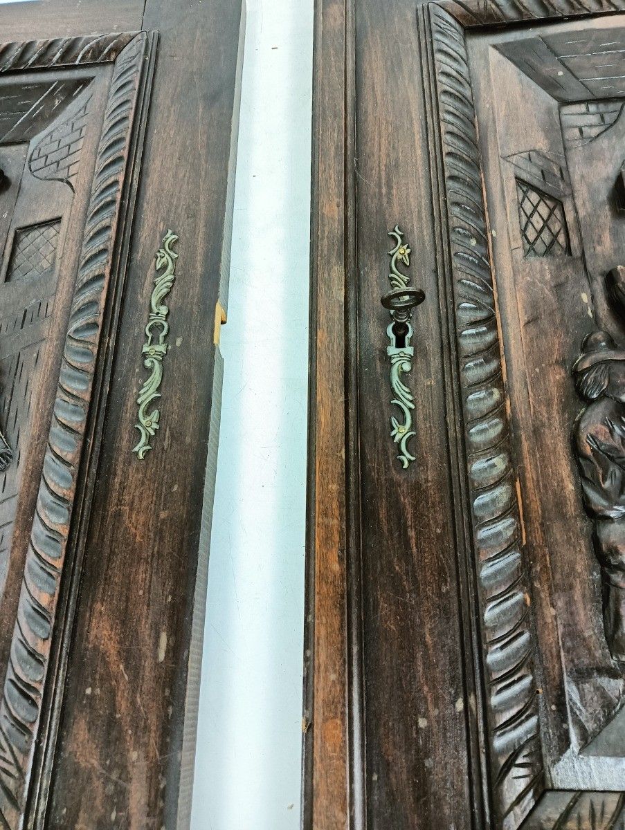 Set Of 2 Dark Wooden Door Panels Doors Carved Wood Ornate Antique Bar Scenes photo vinterior