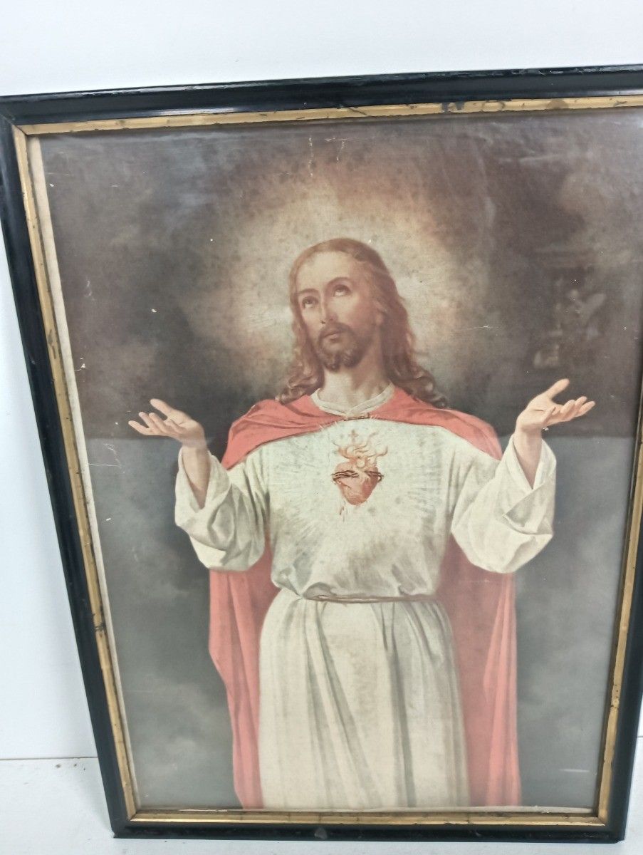 Art Deco Print Behind Glass Wooden Frame Wall Hanging Jesus Christ  Holy Sacre photo furniture