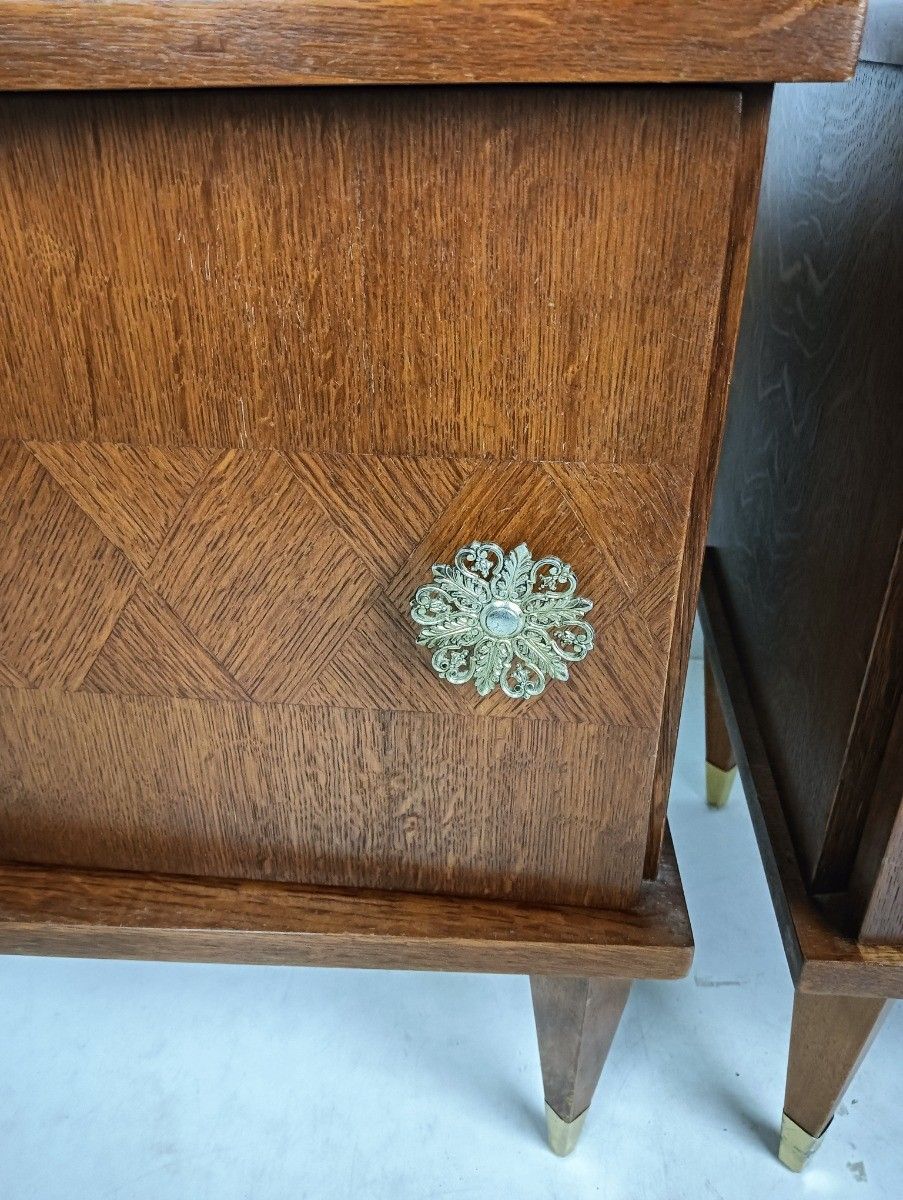 Couple Of Antique Wooden Nightstands End Tables Bedroom Cabinets Brass Trims photo vinterior