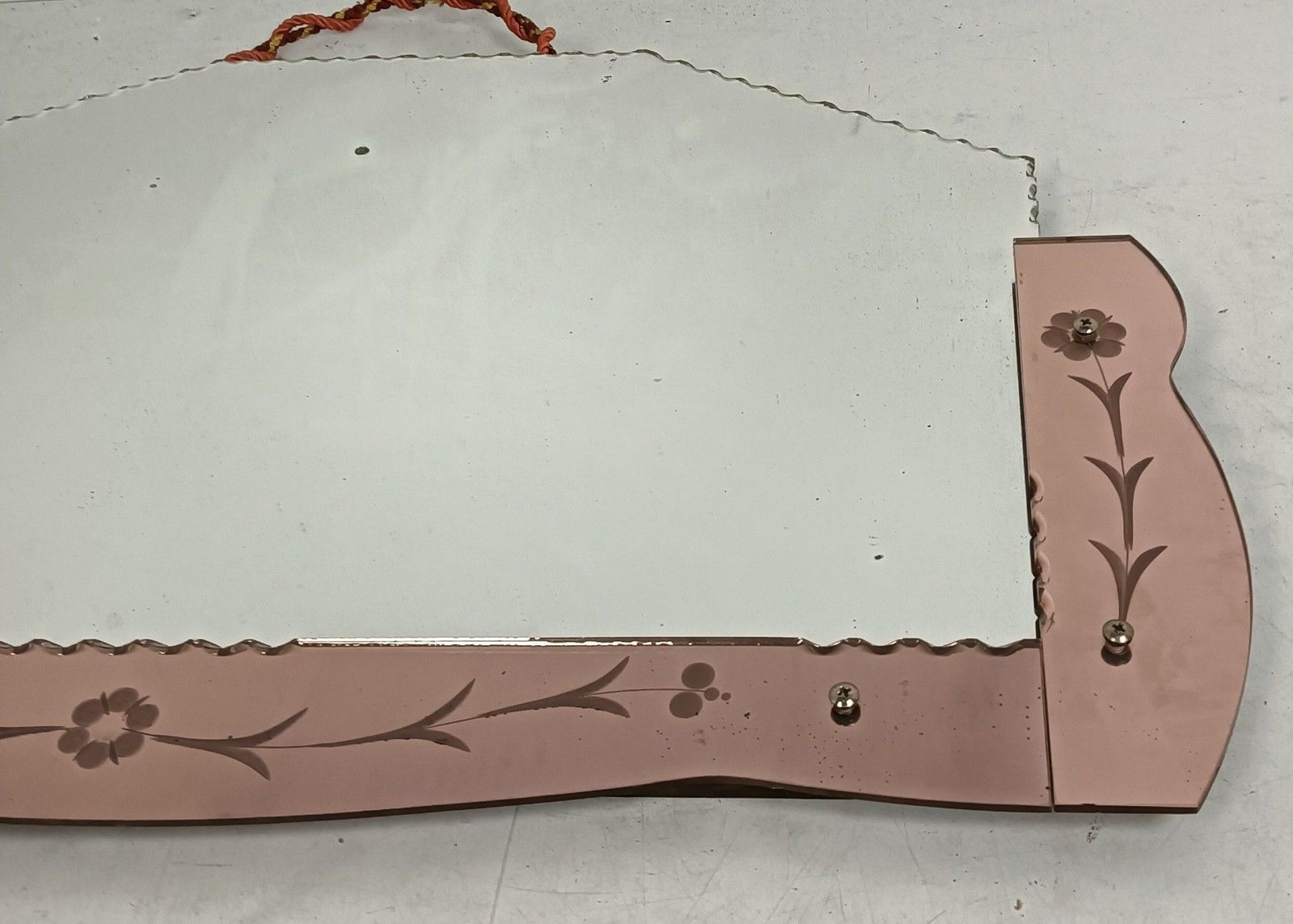 Art Nouveau Mirror Pink Edges Venetian  Cut To Clear Glass Art Deco Flower Decor photo vinterior