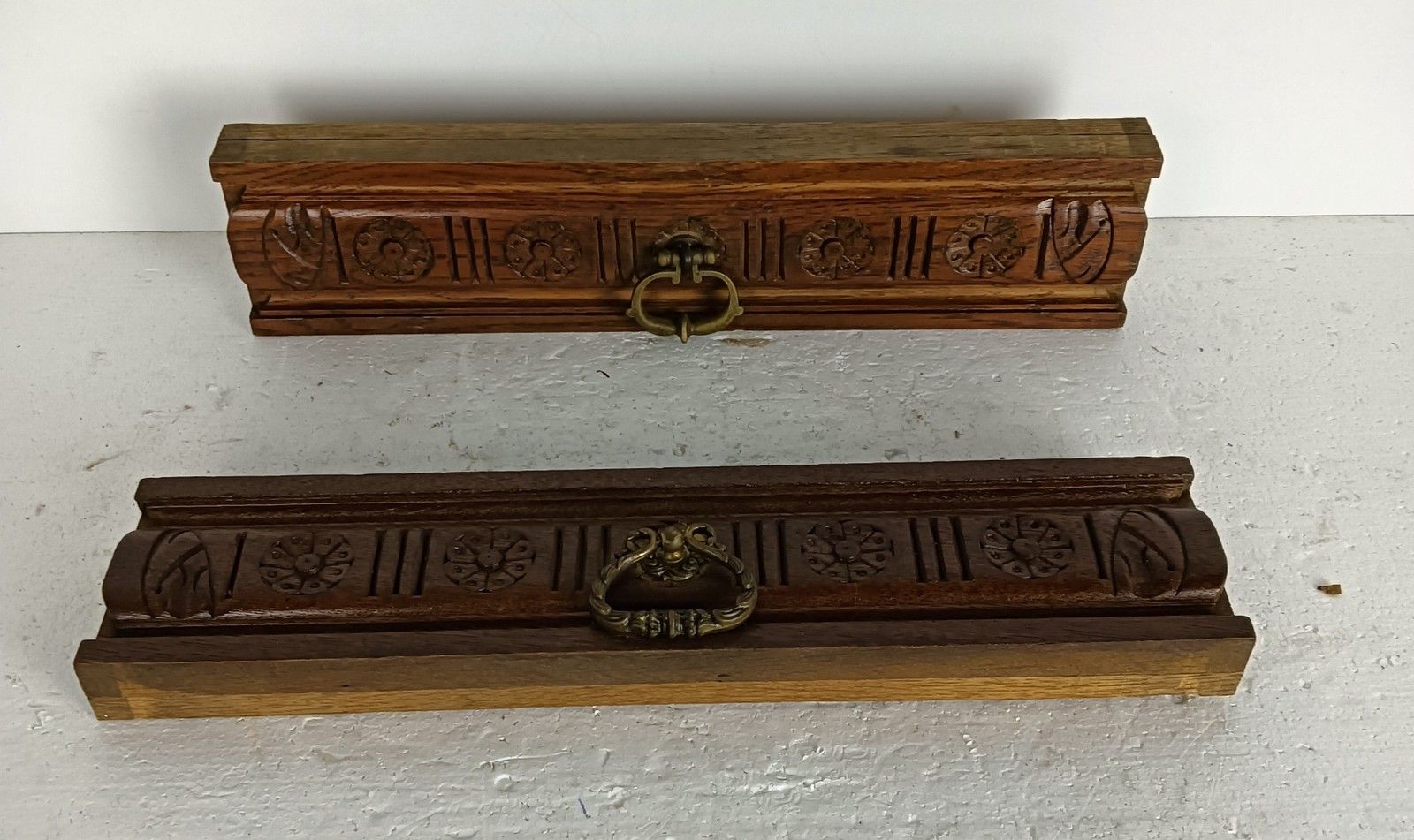 Pair Front Of Drawers Trims Pediments Ornate Carved Wood Antique Reclaimed Archi photo 144.0