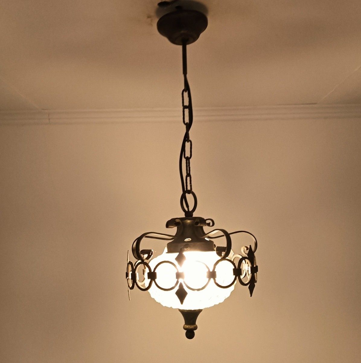 Amber Glass Light Bubbled Glass Pendant Shade Wrought Iron Vintage photo Lighting