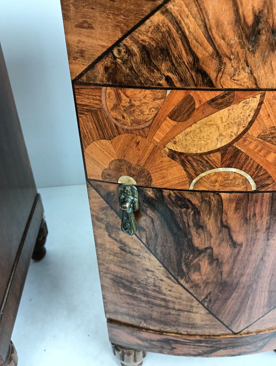 Antique Art Deco Couple Nightstands End Tables Wood Marble Inlay Mother Of Pearl photo for sale