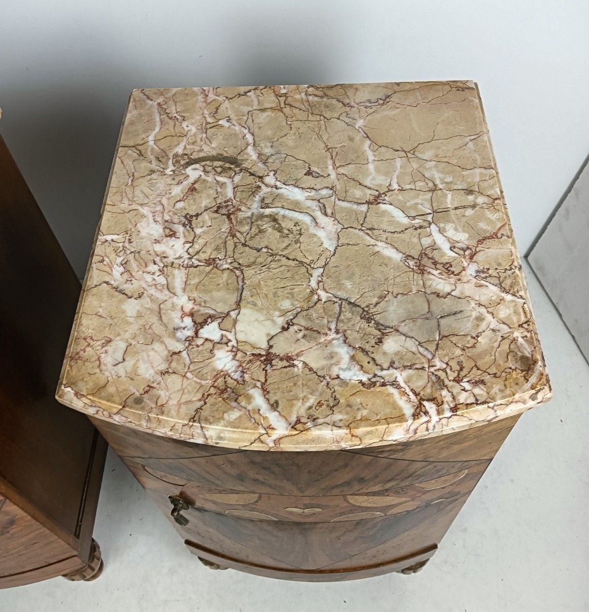 Antique Art Deco Couple Nightstands End Tables Wood Marble Inlay Mother Of Pearl photo buy