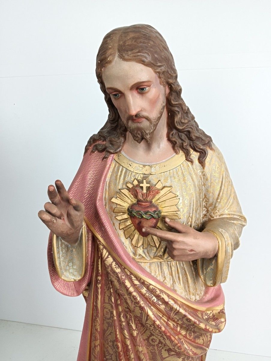 Xl Statue Antique Neo Gothic Hand Painted Plaster Church Jesus Christ Holy Heart photo for sale