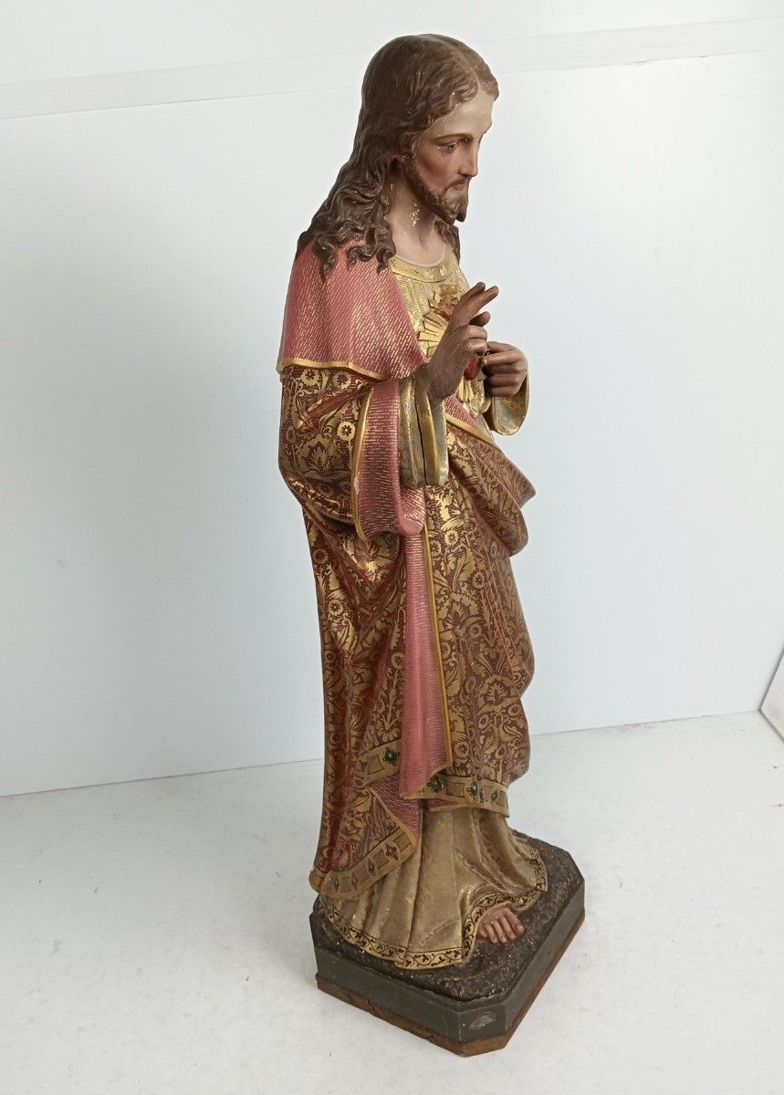 photo for sale Xl Statue Antique Neo Gothic Hand Painted Plaster Church Jesus Christ Holy Heart