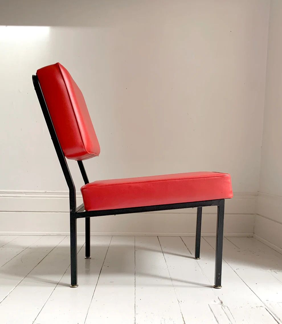 Mid Century Modern Red Vinyl Cocktail / Lounge Chair, Black Frame, 2 Of 2 photo Furniture
