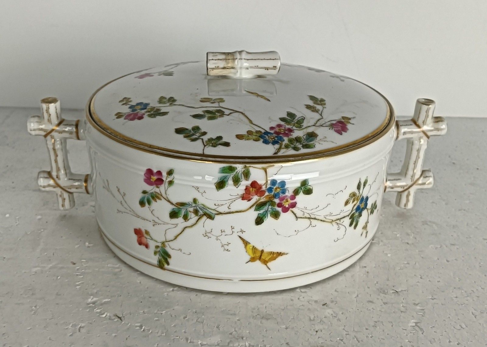 Victorian Antique 19th Century Small Tureen Bowl Lidded Hand Painted Flowers Bu photo for sale