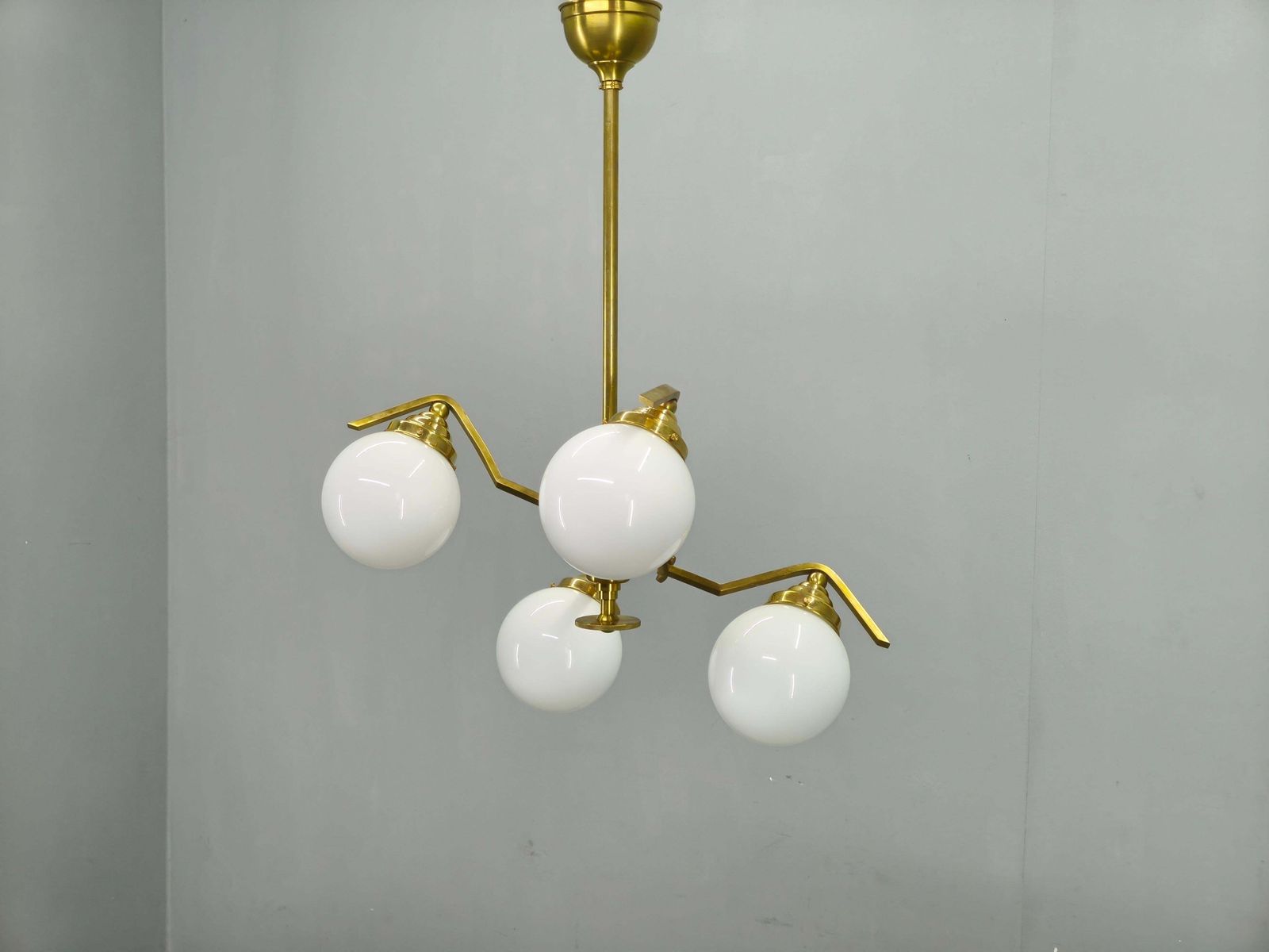 Adjustable Art Deco Brass Chandelier With Milk Glass, 1930s photo for sale