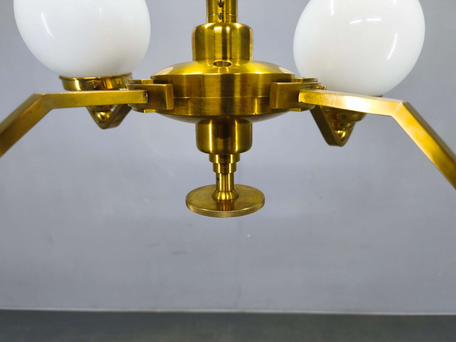 Adjustable Art Deco Brass Chandelier With Milk Glass, 1930s photo vinterior