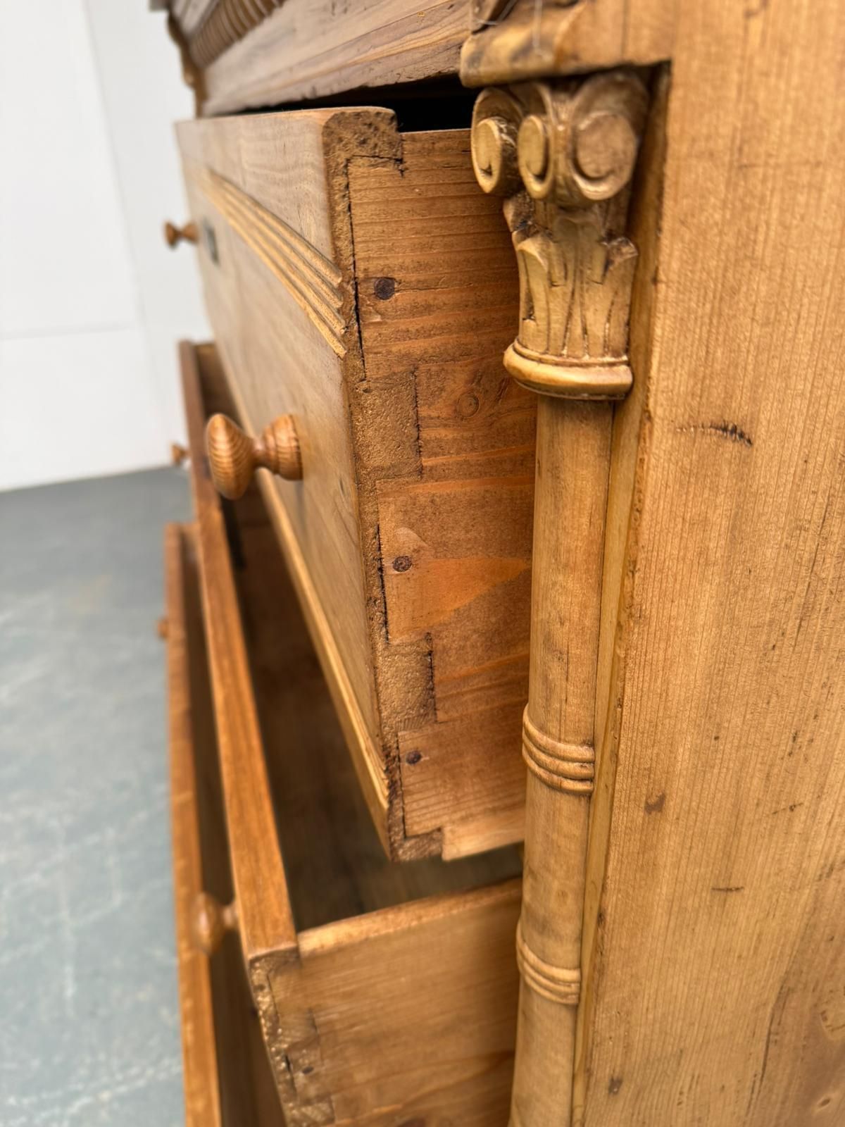photo for sale An Original Antique Pine Columned Hungarian Waxed 3 Drawer Chest Of Drawers
