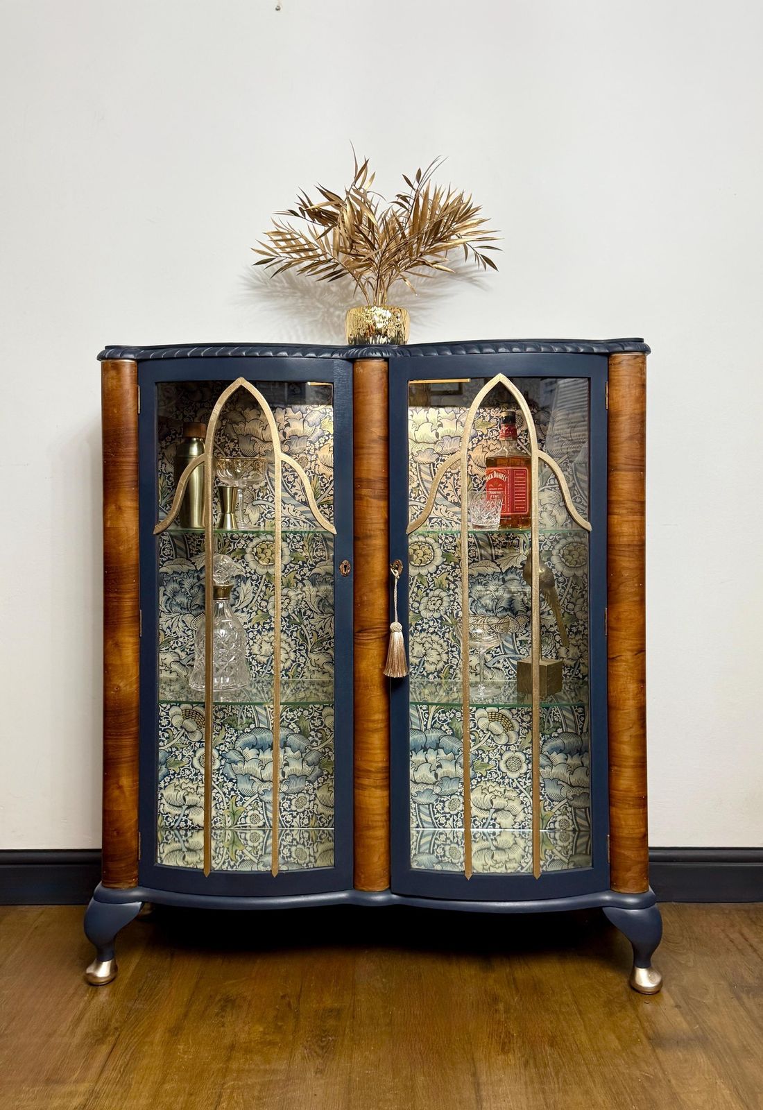 Art Deco Walnut Veneer Display Cabinet | Midnight Navy William Morris Interior Bespoke Commission 3/4 Week Lead Time