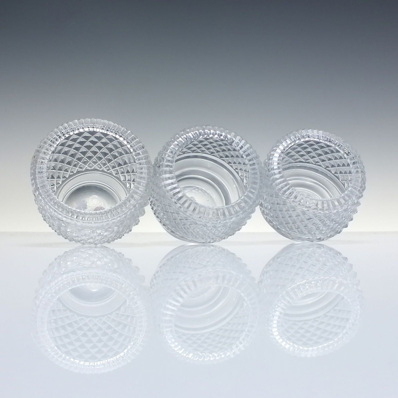 Rare Set Of Three Georgian Irish Cut Glass Salts With Fitted Saucers C1820 photo for sale