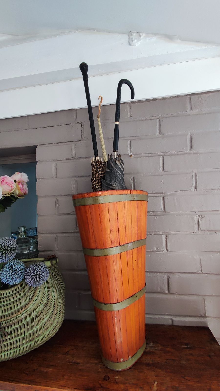 photo buy Vintage French Grape Basket, Wood Wine Barrel, Rustic Umbrella Stand