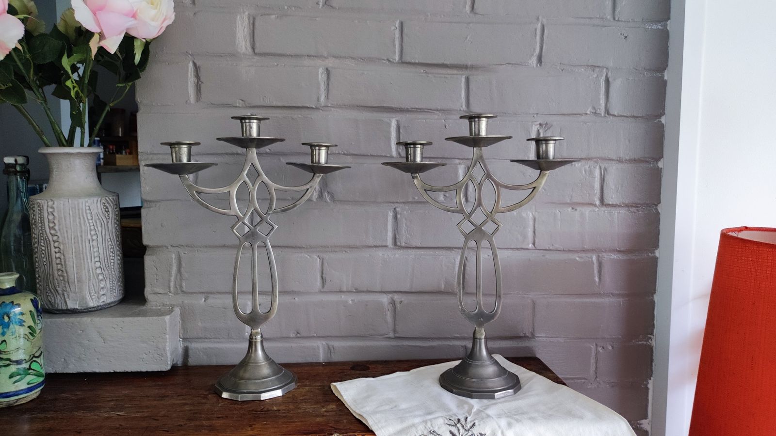 447.0 Pair Of Art Nouveau Pewter Candelabra, French Dinner Table Centerpiece photo