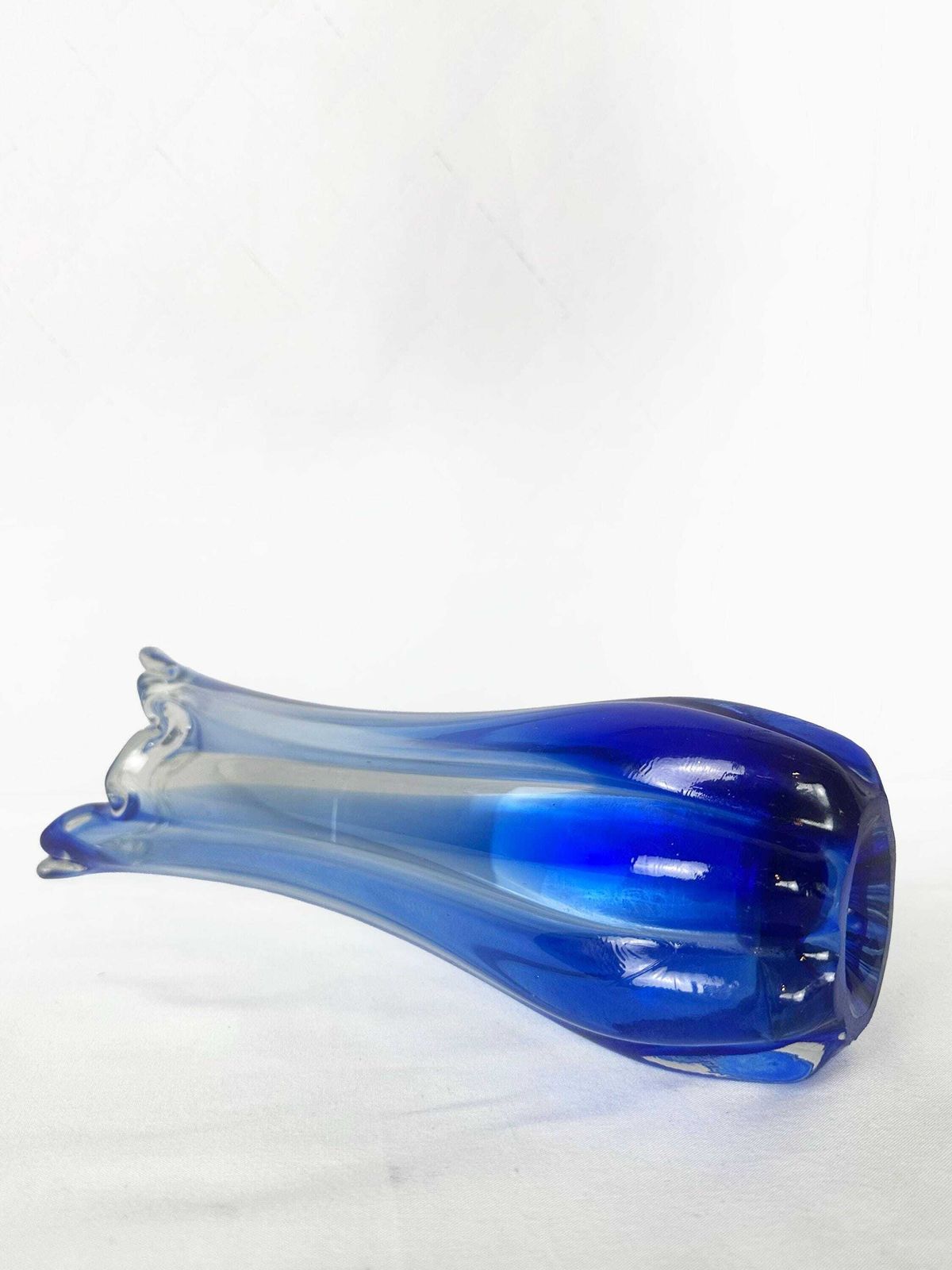 Vintage Glass Flower Vase Murano Point Blue Cobalt Wave Edge Mid Century 1970 70s Italy photo furniture