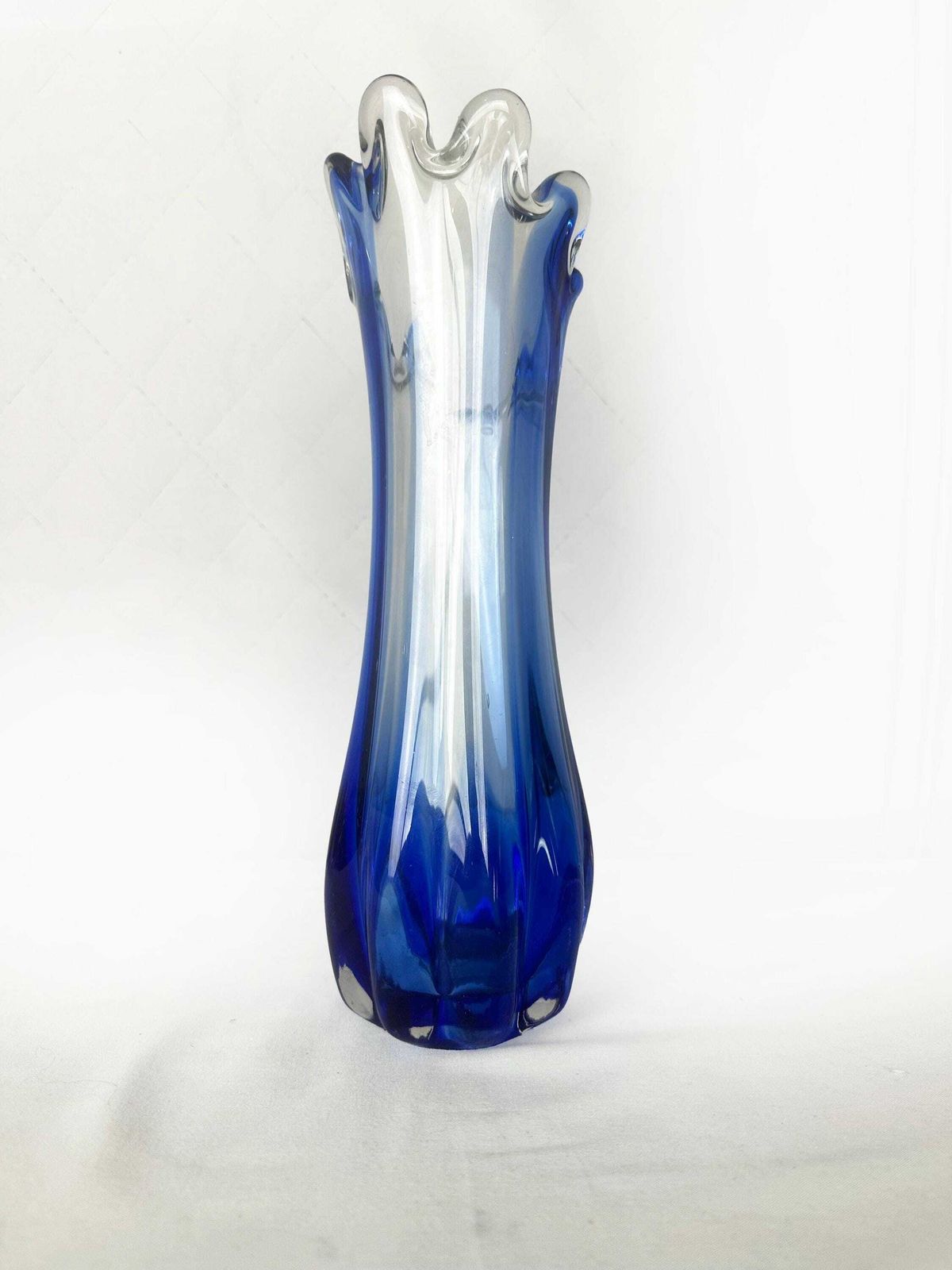 Vintage Glass Flower Vase Murano Point Blue Cobalt Wave Edge Mid Century 1970 70s Italy photo vintage