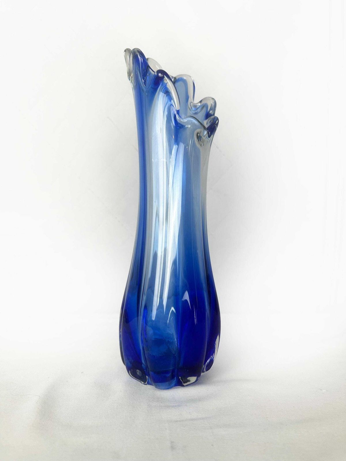 Home Decor Vintage Glass Flower Vase Murano Point Blue Cobalt Wave Edge Mid Century 1970 70s Italy photo