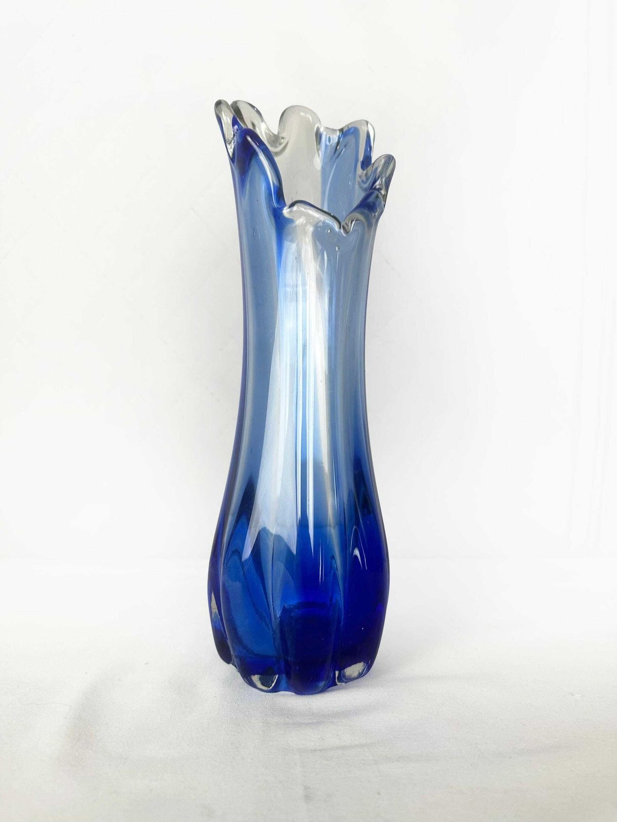 56.0 Vintage Glass Flower Vase Murano Point Blue Cobalt Wave Edge Mid Century 1970 70s Italy photo