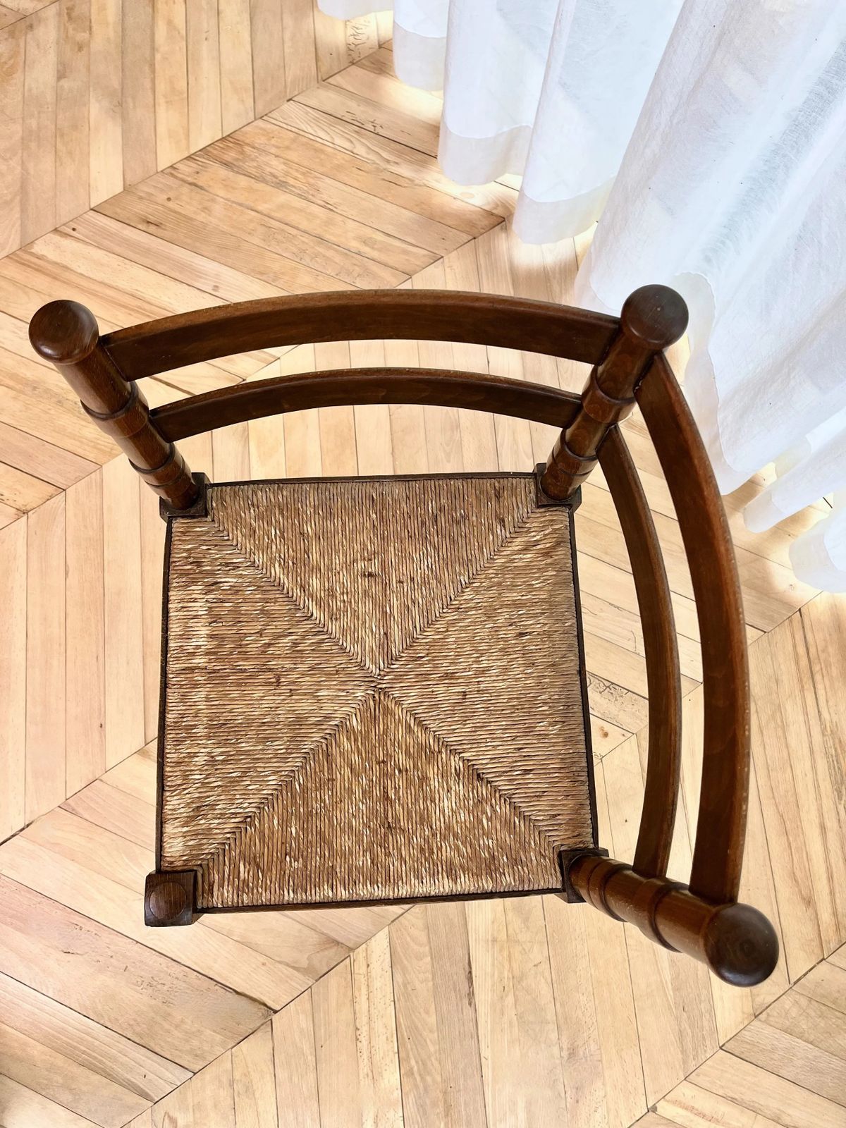Vintage Woven Rush Seat Carved Oak Corner Chair photo for sale