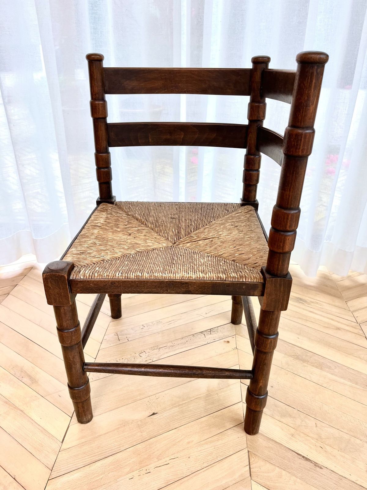 Vintage Woven Rush Seat Carved Oak Corner Chair photo 245.0