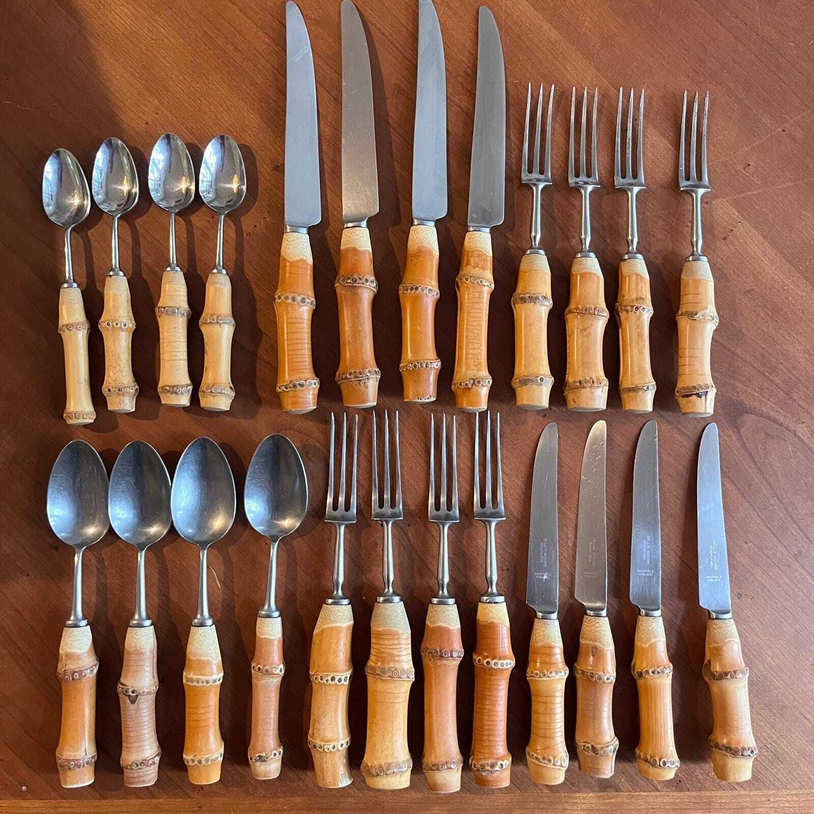 Vintage Bamboo Handled Mills Moore Stainless Steel Flatware Set Of 4 Place Settings