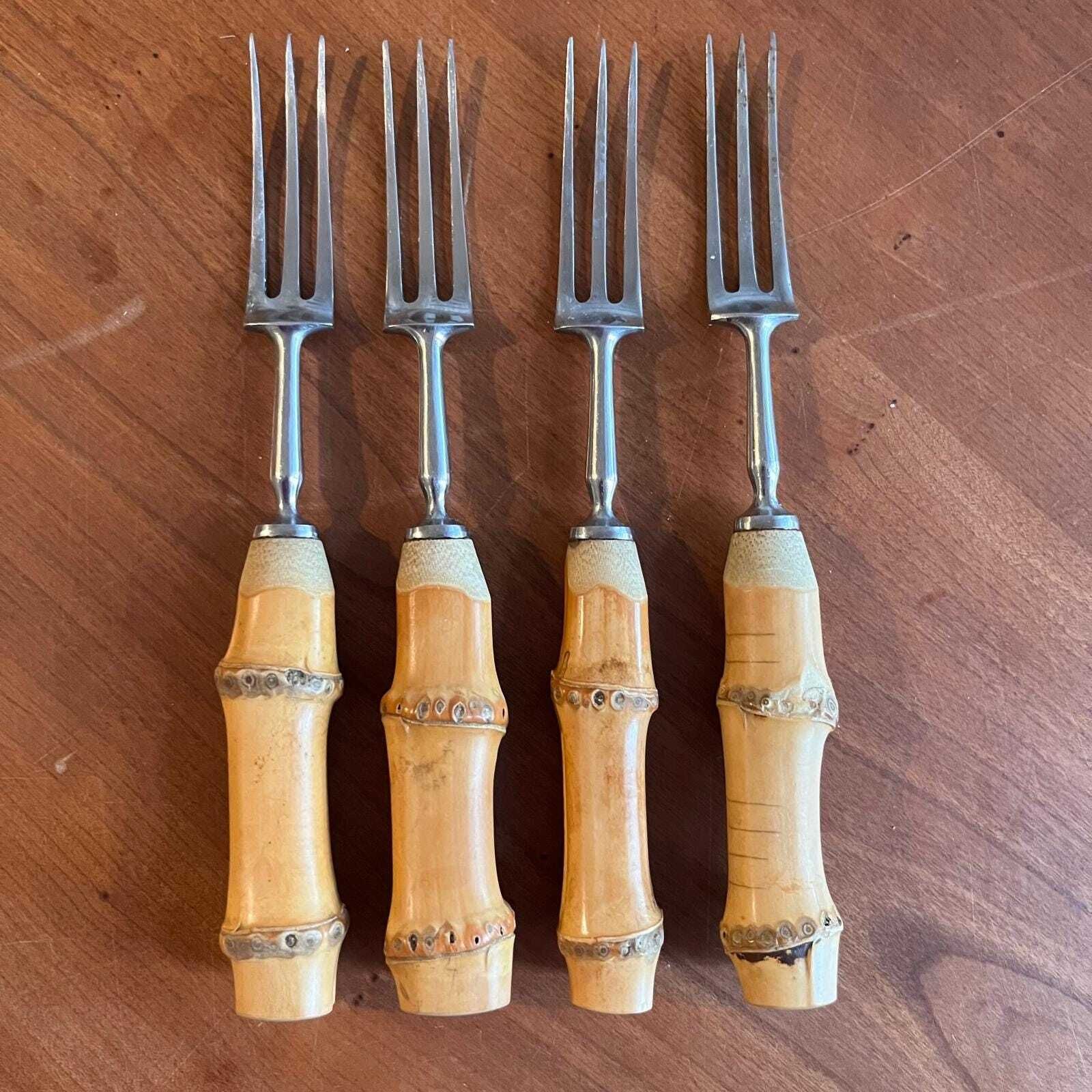 Vintage Bamboo Handled Mills Moore Stainless Steel Flatware Set Of 4 Place Settings photo for sale