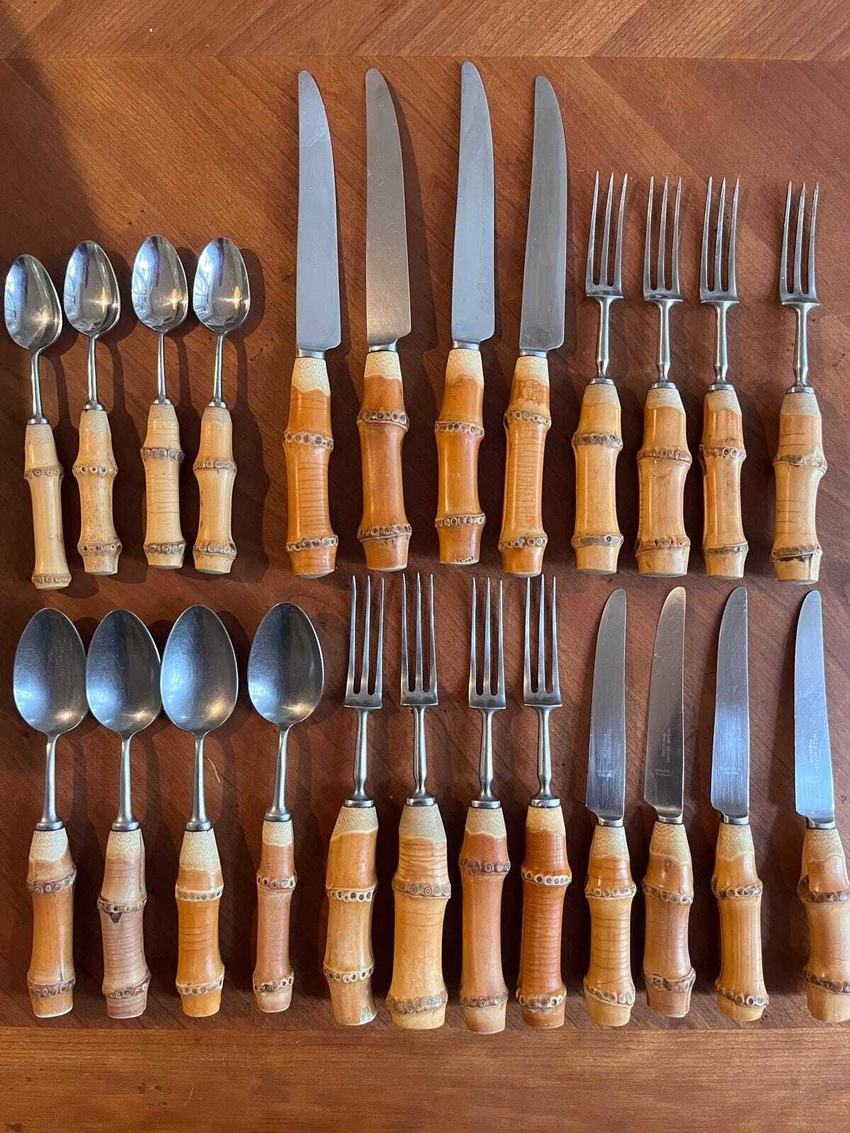Vintage Bamboo Handled Mills Moore Stainless Steel Flatware Set Of 4 Place Settings photo vintage