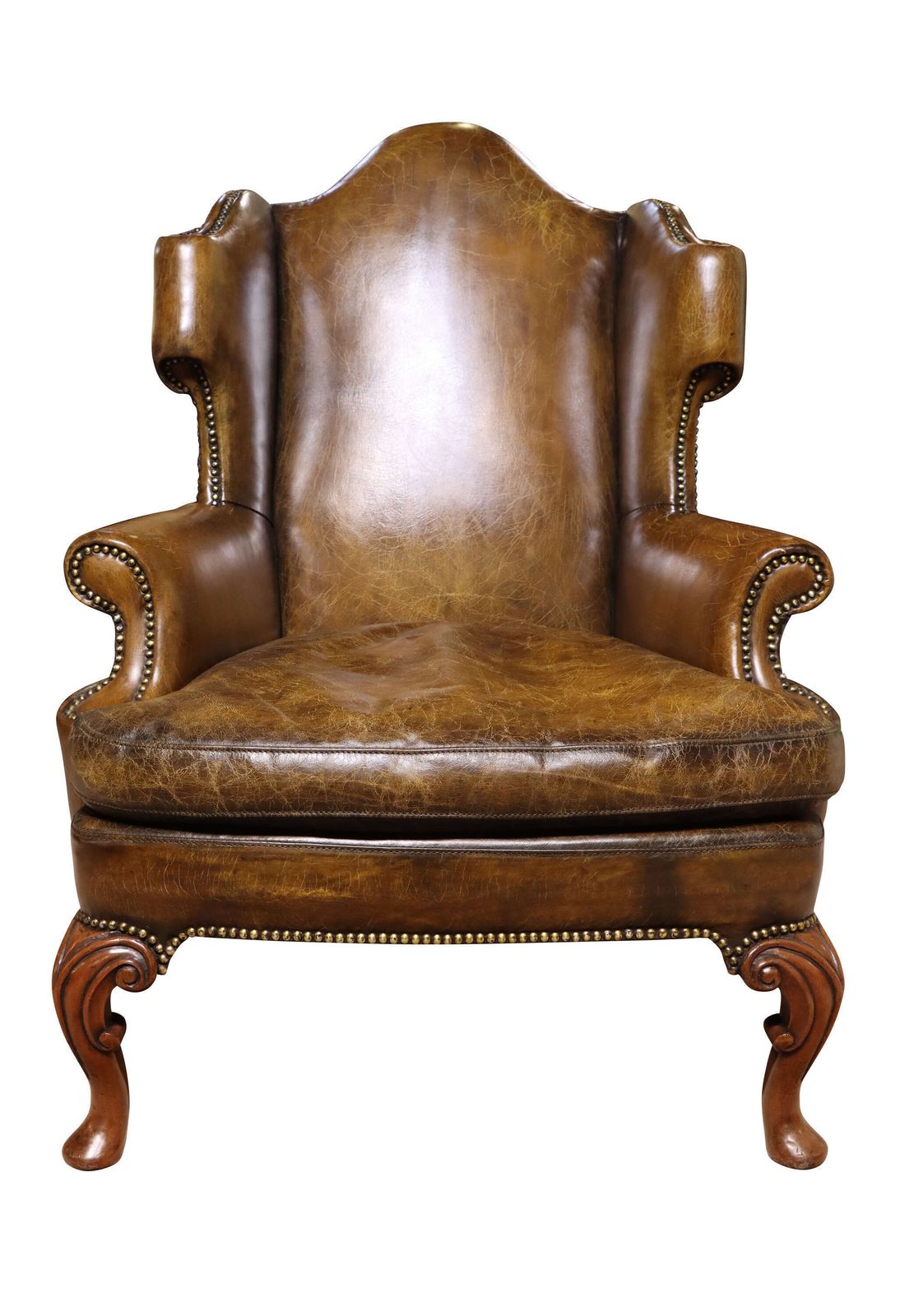 Pair Of George I Style Walnut & Leather Wing Armchairs, Circa 1930 photo for sale