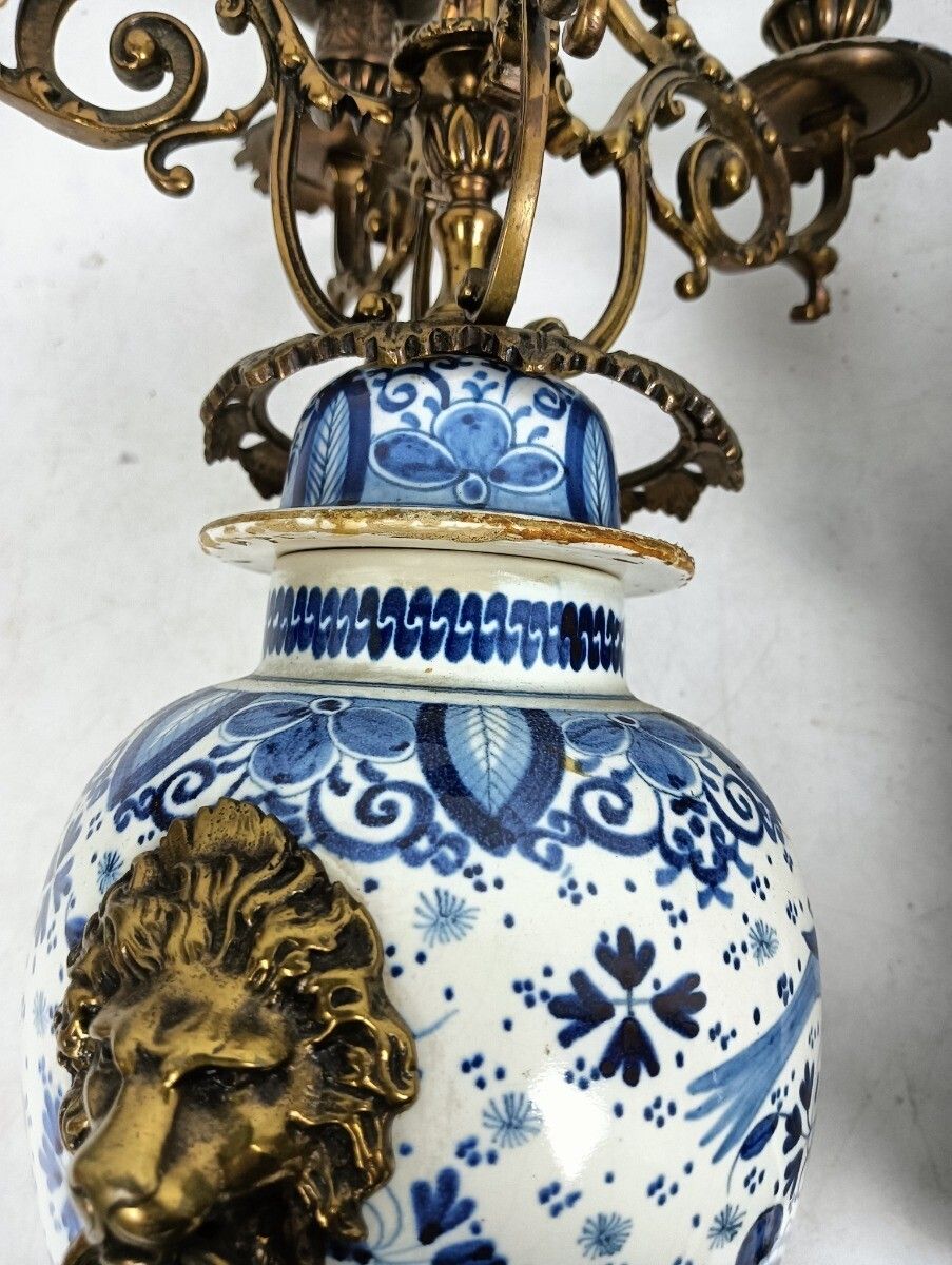 photo buy Garniture Set Of 3 Mantle Pieces Clock Two Candelabras Porcelain Delft Blue Whit