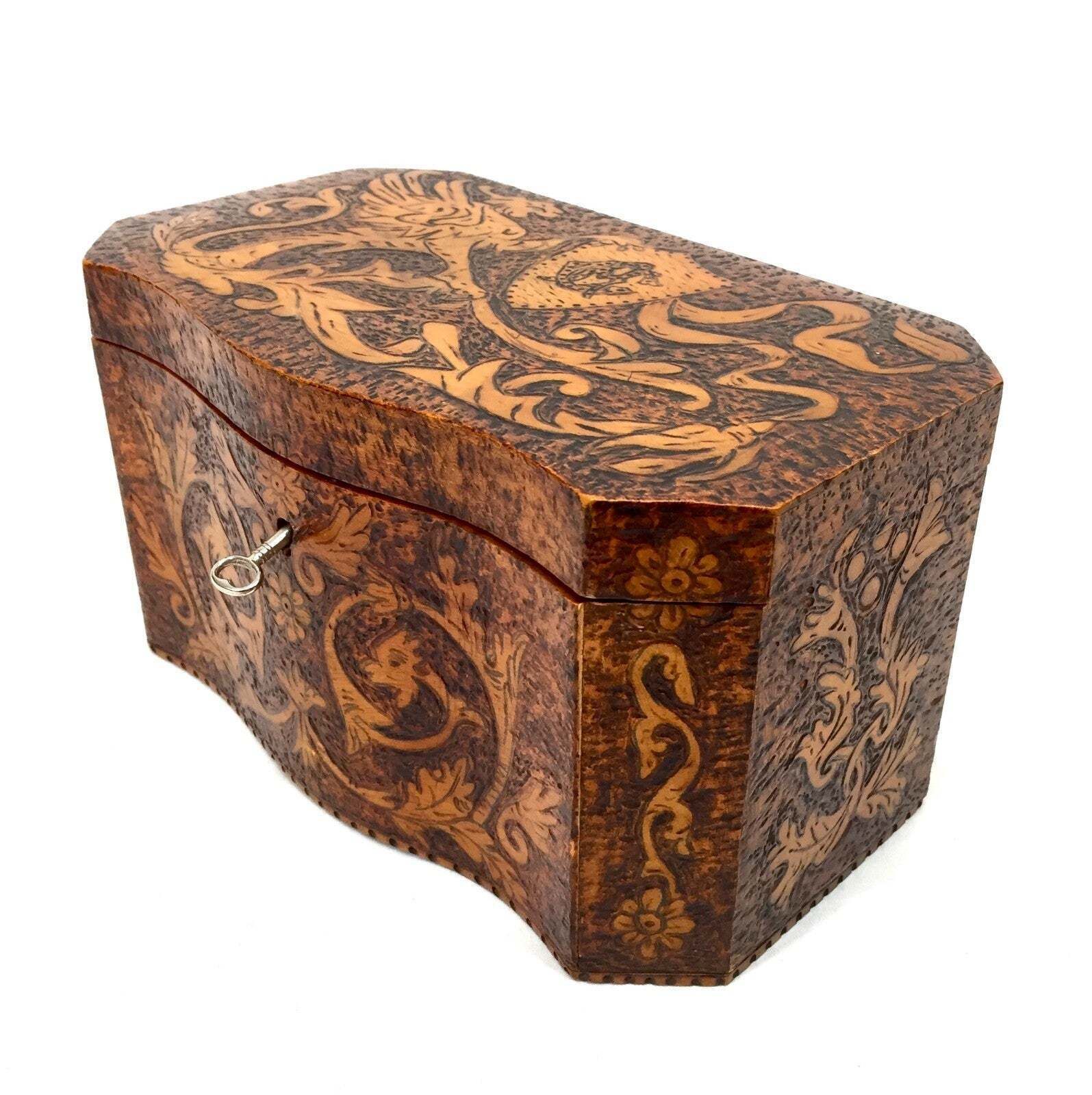 Antique Pokerwork Burr Yew Wooden Tea Caddy Storage Box With Key 19th Century photo vinterior