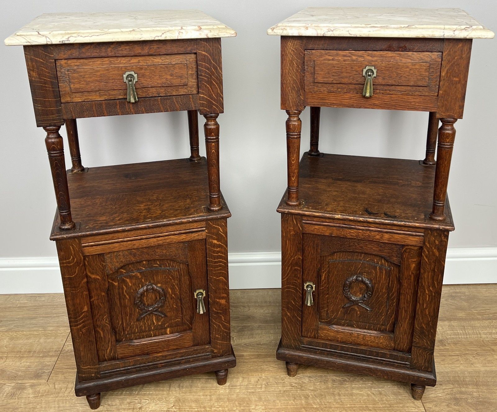 Pair Of Bedside Tables Antique French Marble Top Carved Oak Cabinets Lot 4918 photo furniture