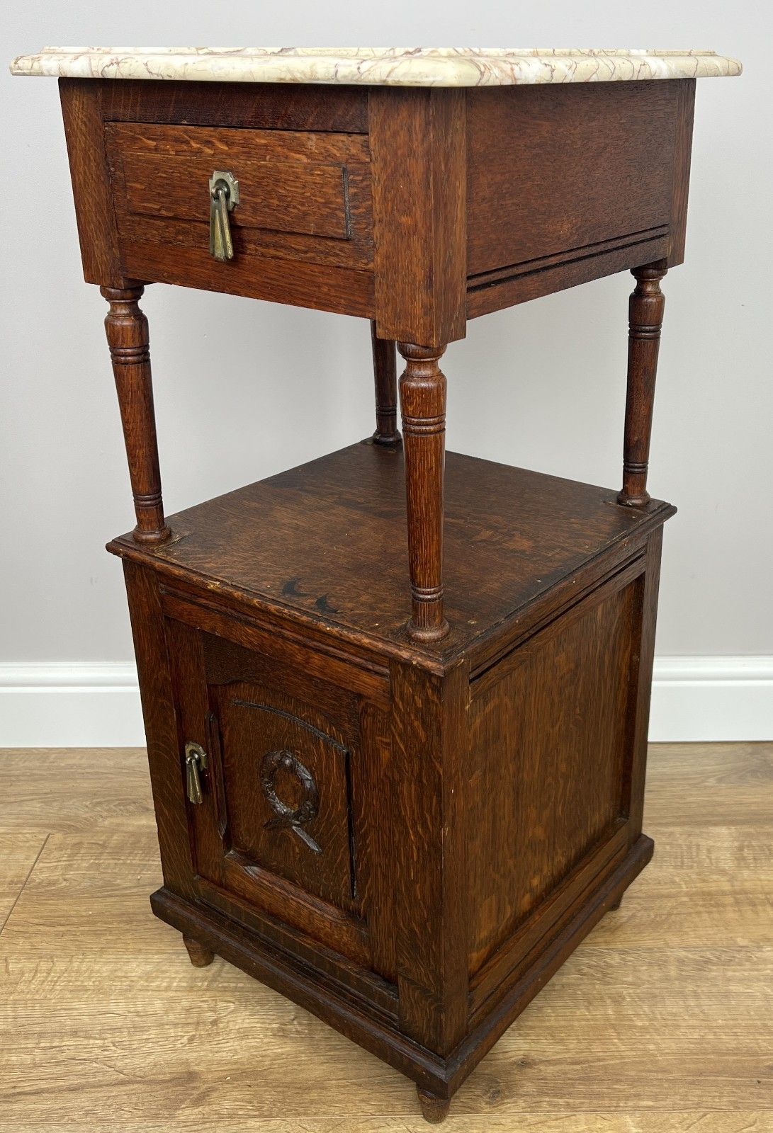photo furniture Pair Of Bedside Tables Antique French Marble Top Carved Oak Cabinets Lot 4918