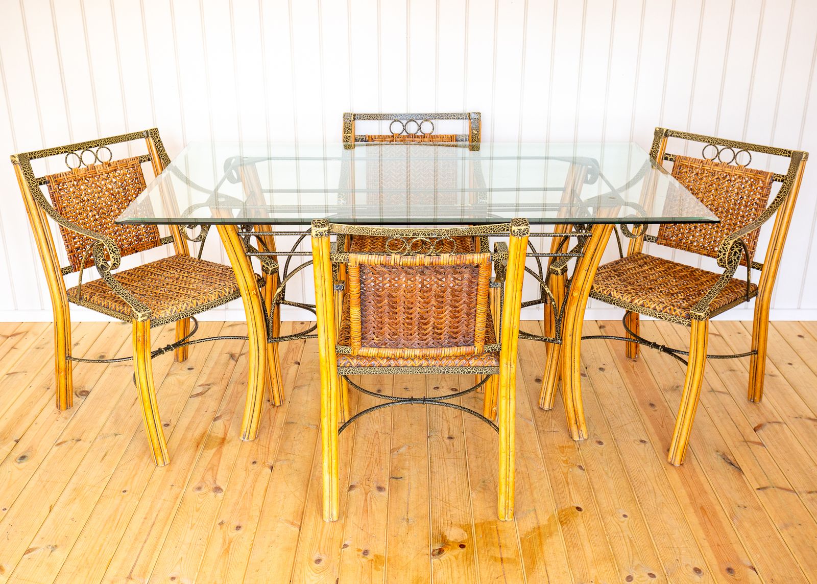 Bohemian Glass Dining Table And 4 Armchairs Vintage Artisan Dining Set Mcm 1970s Boh.O Painted Blonde Conservatory Orangery 6 Seater
