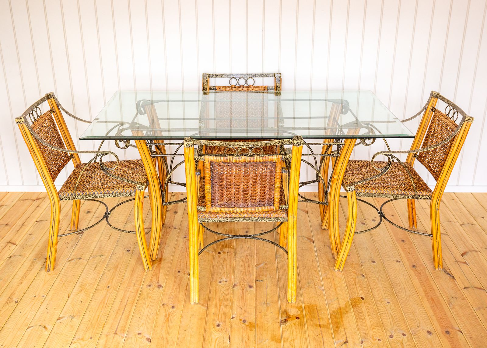 Bohemian Glass Dining Table And 4 Armchairs Vintage Artisan Dining Set Mcm 1970s Boh.O Painted Blonde Conservatory Orangery 6 Seater photo Furniture